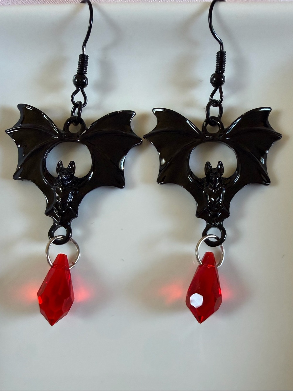 Black Bat Dangle Earrings with Red Crystal Drop
